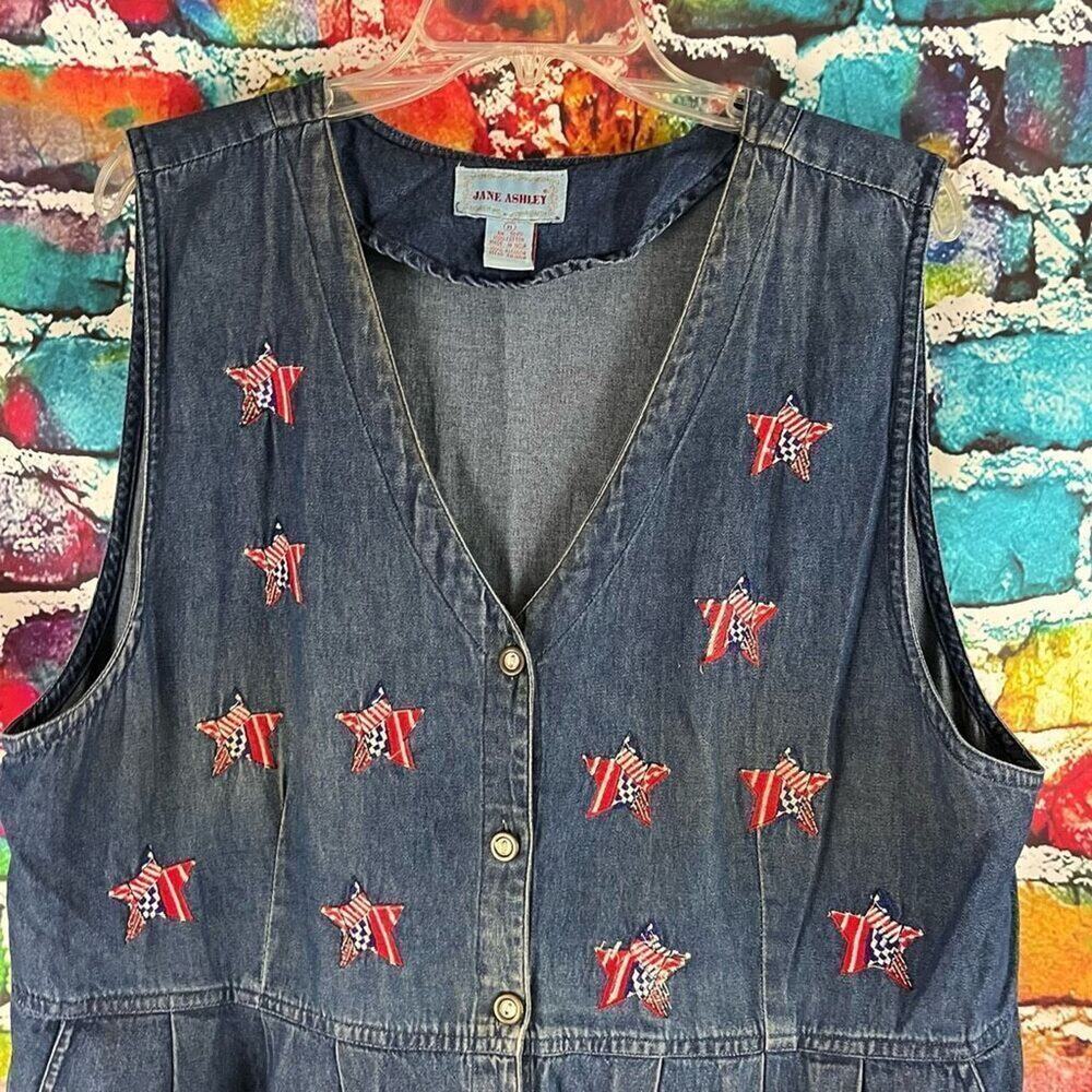 Vintage Jane Ashley 100% Cotton Denim Button Front Jumper Dress Embroidered Patr - Picture 5 of 6